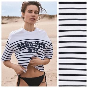 NWOT. Zara White/Black 100% Cotton SOHO Embroidered Oversize T-Shirt. Size S.